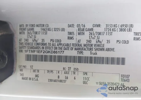 2016 Ford F-150 Xlt из США, поврежденный, VIN 1FTMF1EF2GKD86177